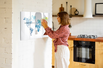 Decoratief glazen wandbord beschrijfbaar en magnetisch Een wereld vol ideeën en positiviteit.