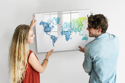 Decoratief glazen wandbord beschrijfbaar en magnetisch Een wereld vol ideeën en positiviteit.