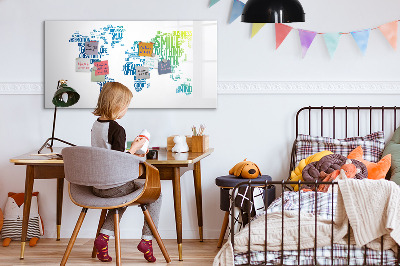 Decoratief glazen wandbord beschrijfbaar en magnetisch Een wereld vol ideeën en positiviteit.