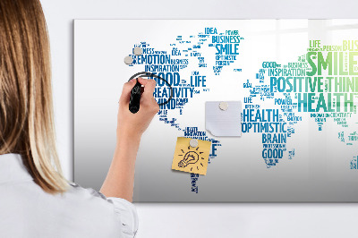 Decoratief glazen wandbord beschrijfbaar en magnetisch Een wereld vol ideeën en positiviteit.