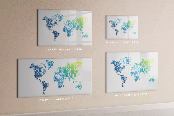 Decoratief glazen wandbord beschrijfbaar en magnetisch Een wereld vol ideeën en positiviteit.