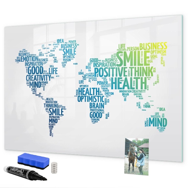 Decoratief glazen wandbord beschrijfbaar en magnetisch Een wereld vol ideeën en positiviteit.