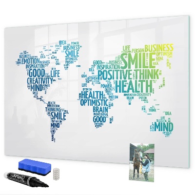 Decoratief glazen wandbord beschrijfbaar en magnetisch Een wereld vol ideeën en positiviteit.
