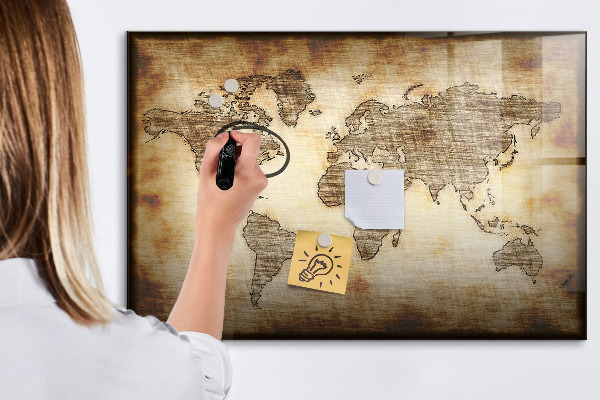 Decoratief glazen wandbord beschrijfbaar en magnetisch Wereldkaart met fotolocaties