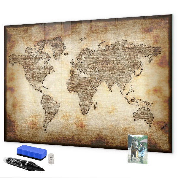 Decoratief glazen wandbord beschrijfbaar en magnetisch Wereldkaart met fotolocaties