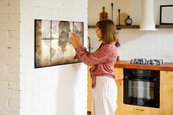 Decoratief glazen wandbord beschrijfbaar en magnetisch Wereldkaart met fotolocaties