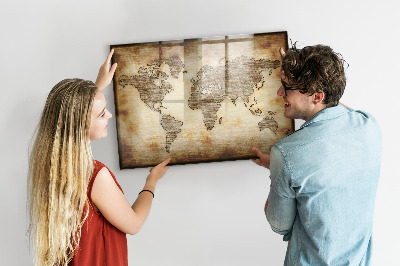 Decoratief glazen wandbord beschrijfbaar en magnetisch Wereldkaart met fotolocaties
