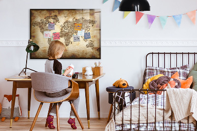 Decoratief glazen wandbord beschrijfbaar en magnetisch Wereldkaart met fotolocaties
