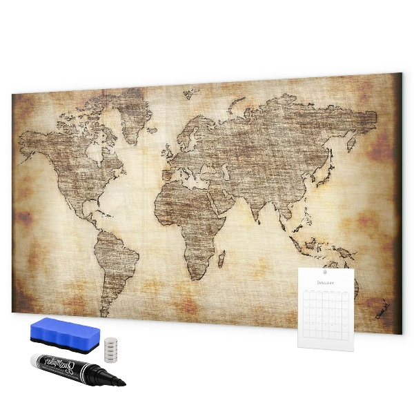 Decoratief glazen wandbord beschrijfbaar en magnetisch Wereldkaart met fotolocaties