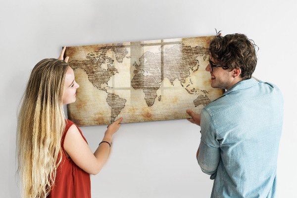Decoratief glazen wandbord beschrijfbaar en magnetisch Wereldkaart met fotolocaties