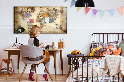 Decoratief glazen wandbord beschrijfbaar en magnetisch Wereldkaart met fotolocaties