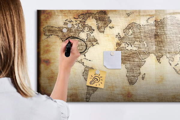 Decoratief glazen wandbord beschrijfbaar en magnetisch Wereldkaart met fotolocaties