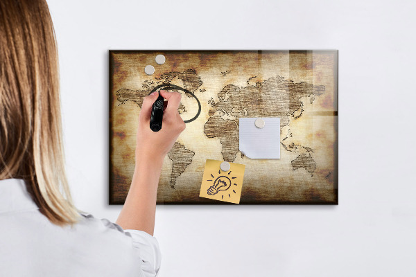 Decoratief glazen wandbord beschrijfbaar en magnetisch Wereldkaart met fotolocaties