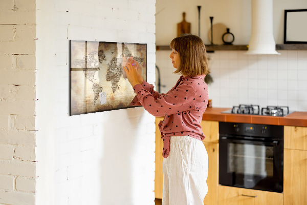Decoratief glazen wandbord beschrijfbaar en magnetisch Wereldkaart met fotolocaties