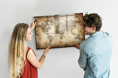 Decoratief glazen wandbord beschrijfbaar en magnetisch Wereldkaart met fotolocaties