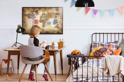 Decoratief glazen wandbord beschrijfbaar en magnetisch Wereldkaart met fotolocaties