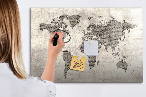 Decoratief glazen wandbord beschrijfbaar en magnetisch Wereldkaart met fotolocaties