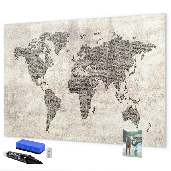 Decoratief glazen wandbord beschrijfbaar en magnetisch Wereldkaart met fotolocaties