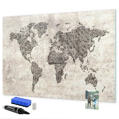 Decoratief glazen wandbord beschrijfbaar en magnetisch Wereldkaart met fotolocaties