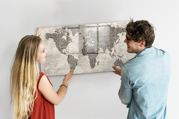 Decoratief glazen wandbord beschrijfbaar en magnetisch Wereldkaart met fotolocaties