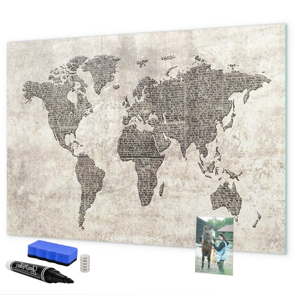 Decoratief glazen wandbord beschrijfbaar en magnetisch Wereldkaart met fotolocaties