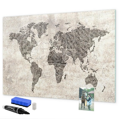 Decoratief glazen wandbord beschrijfbaar en magnetisch Wereldkaart met fotolocaties