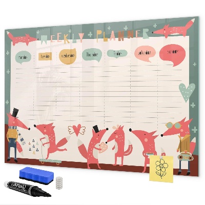 Memobord van glas met print inclusief neodymium magneten Weekplanner met kleurrijke illustraties
