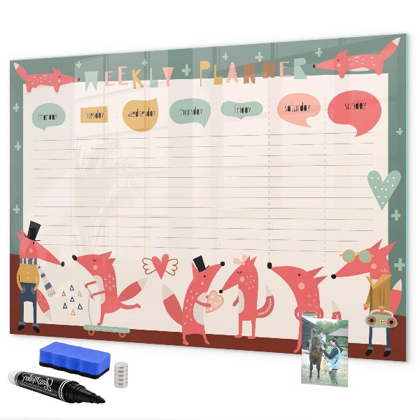 Memobord van glas met print inclusief neodymium magneten Weekplanner met kleurrijke illustraties