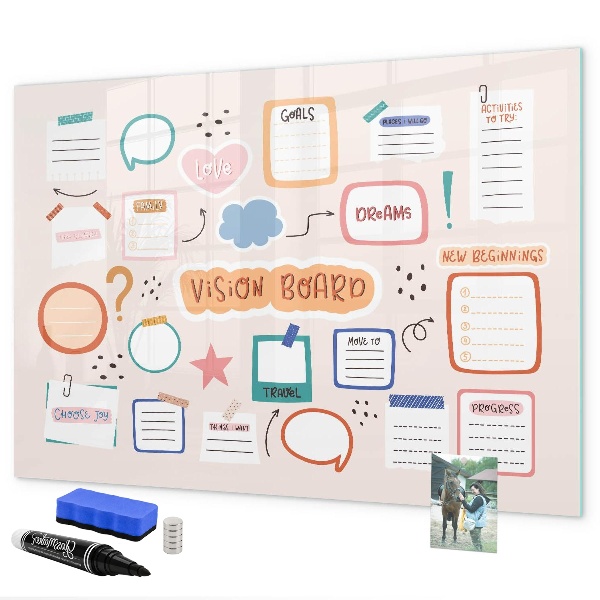 Decoratief glazen wandbord beschrijfbaar en magnetisch Creatieve inspiratie en doelenbord