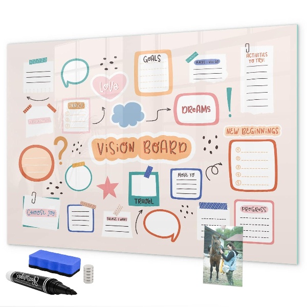 Decoratief glazen wandbord beschrijfbaar en magnetisch Creatieve inspiratie en doelenbord