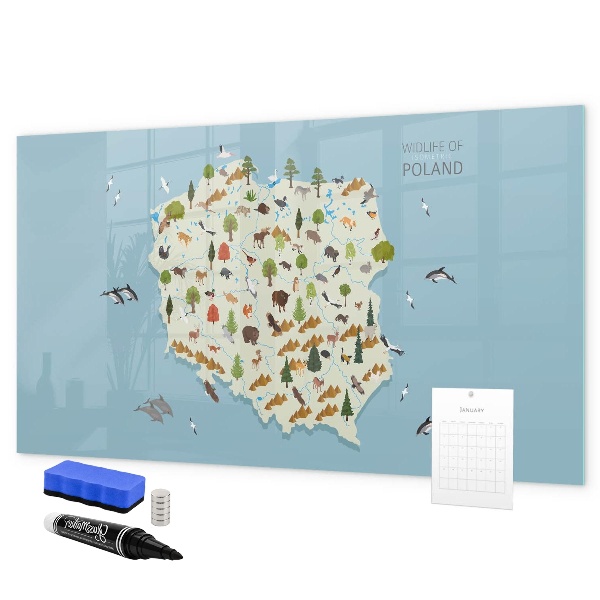 Memobord van glas met print inclusief neodymium magneten Natuurkaart van Polen met fotolocaties