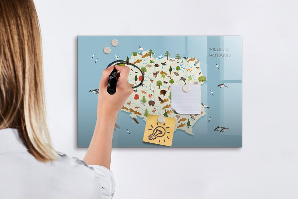 Memobord van glas met print inclusief neodymium magneten Natuurkaart van Polen met fotolocaties