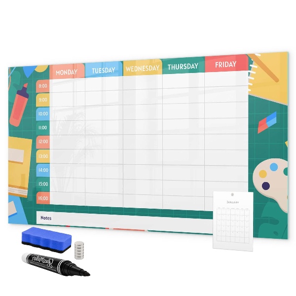 Memobord van glas met print inclusief neodymium magneten Weekplanner met ruimte voor foto's