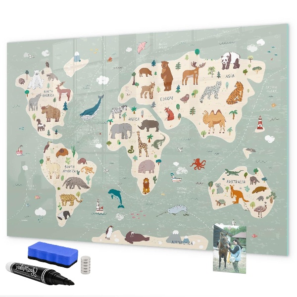 Memobord van glas met print inclusief neodymium magneten Wereldkaart met illustraties van dieren