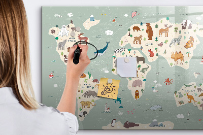 Memobord van glas met print inclusief neodymium magneten Wereldkaart met illustraties van dieren