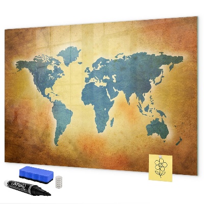 Decoratief glazen wandbord beschrijfbaar en magnetisch Wereldkaart met ruimte voor foto's