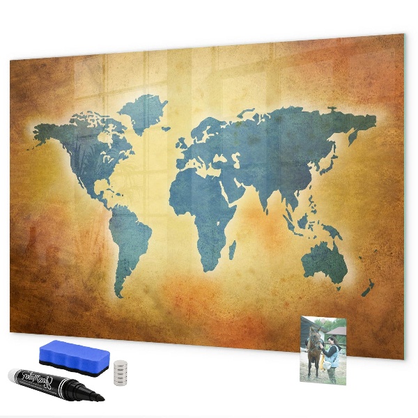 Decoratief glazen wandbord beschrijfbaar en magnetisch Wereldkaart met ruimte voor foto's