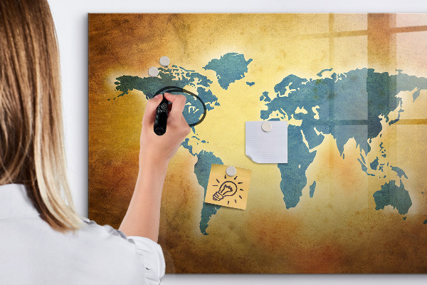 Decoratief glazen wandbord beschrijfbaar en magnetisch Wereldkaart met ruimte voor foto's