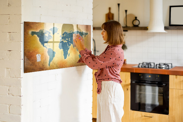 Decoratief glazen wandbord beschrijfbaar en magnetisch Wereldkaart met ruimte voor foto's