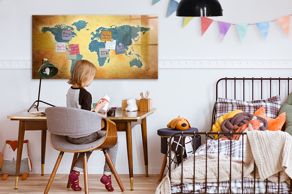 Decoratief glazen wandbord beschrijfbaar en magnetisch Wereldkaart met ruimte voor foto's