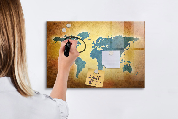 Decoratief glazen wandbord beschrijfbaar en magnetisch Wereldkaart met ruimte voor foto's
