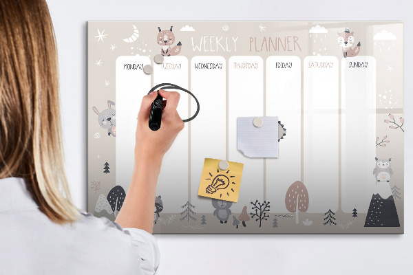 Decoratief glazen wandbord beschrijfbaar en magnetisch Leuke dieren weekplanner