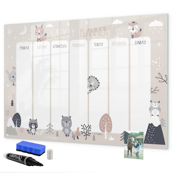 Decoratief glazen wandbord beschrijfbaar en magnetisch Leuke dieren weekplanner