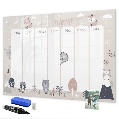 Decoratief glazen wandbord beschrijfbaar en magnetisch Leuke dieren weekplanner