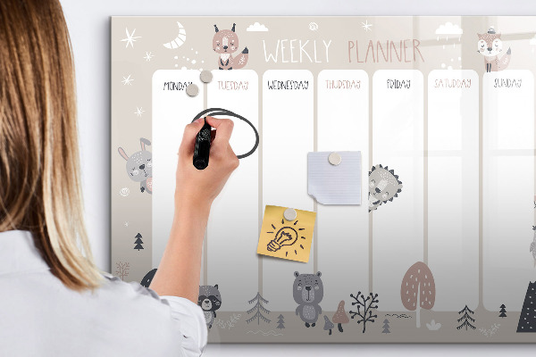 Decoratief glazen wandbord beschrijfbaar en magnetisch Leuke dieren weekplanner