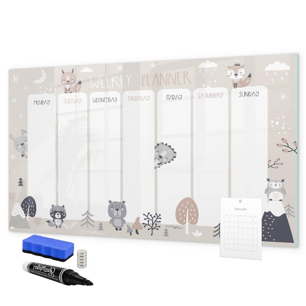 Decoratief glazen wandbord beschrijfbaar en magnetisch Leuke dieren weekplanner