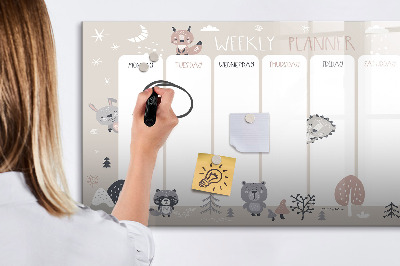 Decoratief glazen wandbord beschrijfbaar en magnetisch Leuke dieren weekplanner