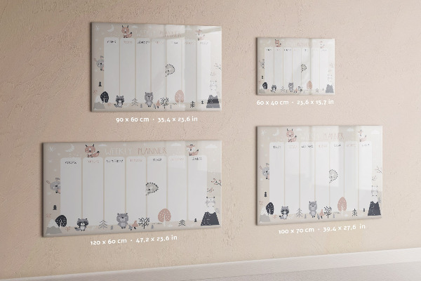 Decoratief glazen wandbord beschrijfbaar en magnetisch Leuke dieren weekplanner