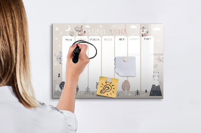 Decoratief glazen wandbord beschrijfbaar en magnetisch Leuke dieren weekplanner