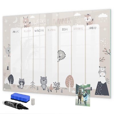 Decoratief glazen wandbord beschrijfbaar en magnetisch Leuke dieren weekplanner